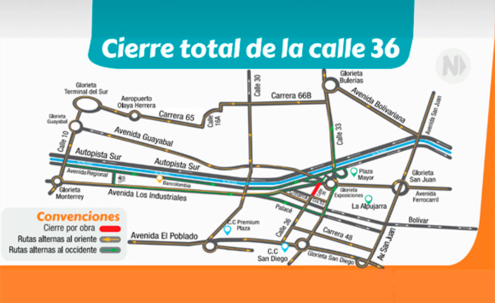 Cierre total de la calle 36, entre la avenida del Ferrocarril y Cundinamarca, por obras de Parques del Río